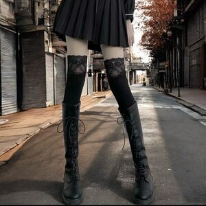 Cozy Black Lace Knee High Socks Soft Warm Over the Knee One Size‎